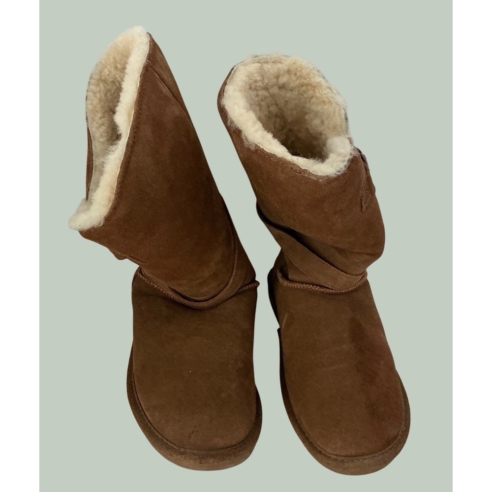 Bearpaw Suede Mid Calf Winter Boots Faux Fur Lined Buckle Tan Size 9